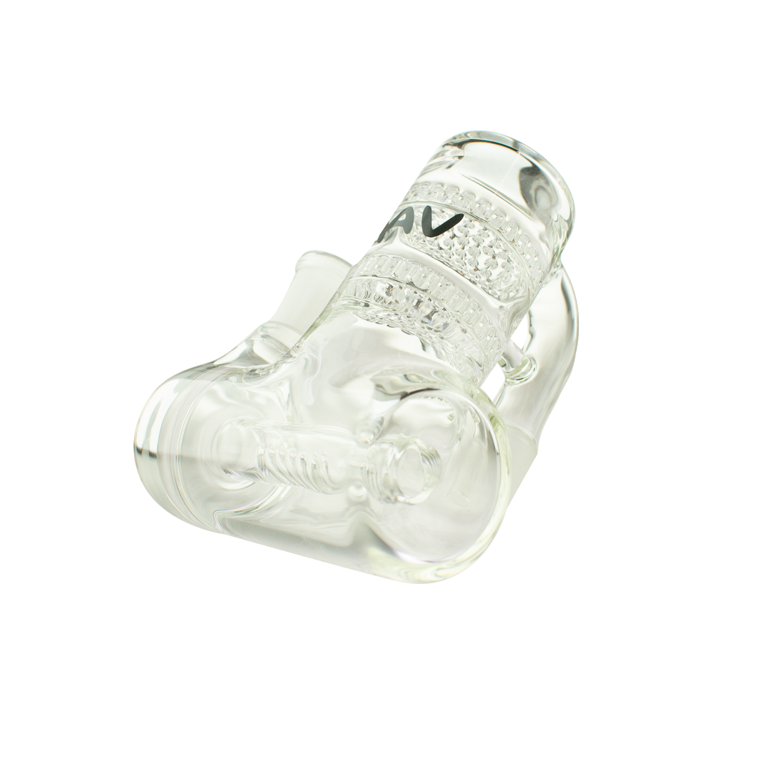 MAV Glass Double Honey Disc Inline Ash Catcher 19/90° with clear glass, side view on white background