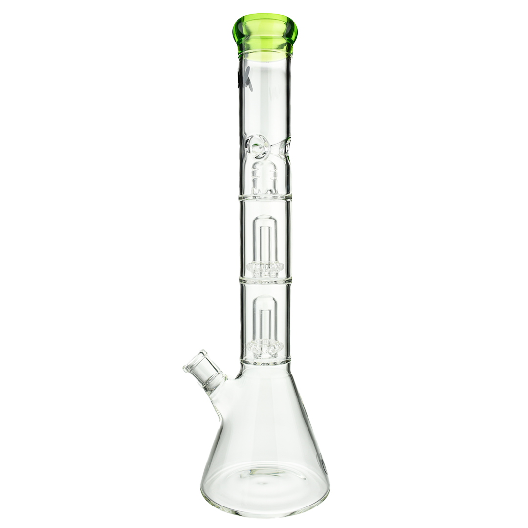 MAV Glass Double Ufo Beaker Bong with clear design and green accents, front view on white background