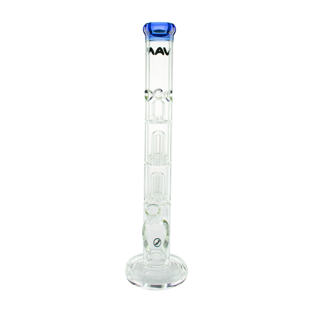 MAV Glass Double UFO Straight Bong in Ink Blue with Showerhead Percolators, Front View