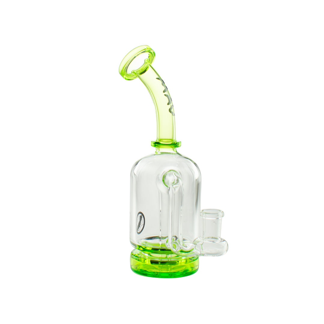 MAV Glass Dropdown Can Rig with clear beaker design and green accents, glass on glass joint, side view