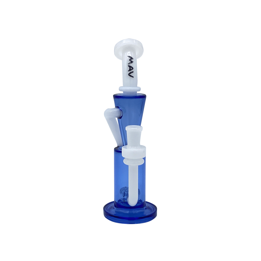 MAV Glass Echo Park Rig in White Blue, Beaker-Recycler Design, 9.5" Height, Front View