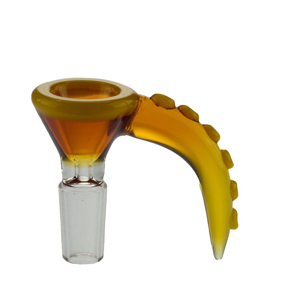 MAV Glass Gold Octopus Tentacle Bowl, 14mm, side view on white background, artistic bong accessory