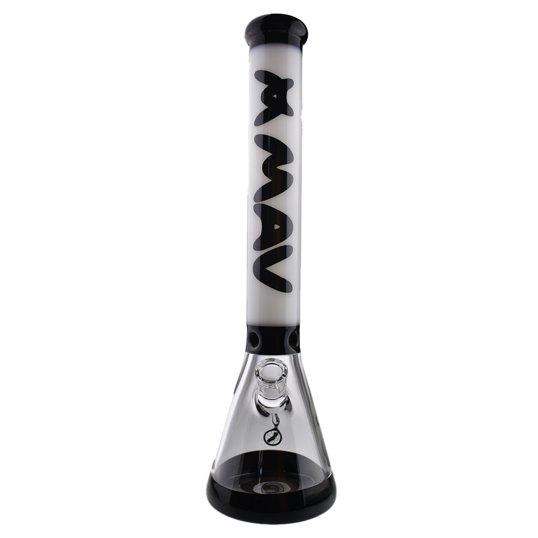 MAV Glass - Hermosa Beaker Bong 18'' in White/Black, Front View with Clear Glass and MAV Logo