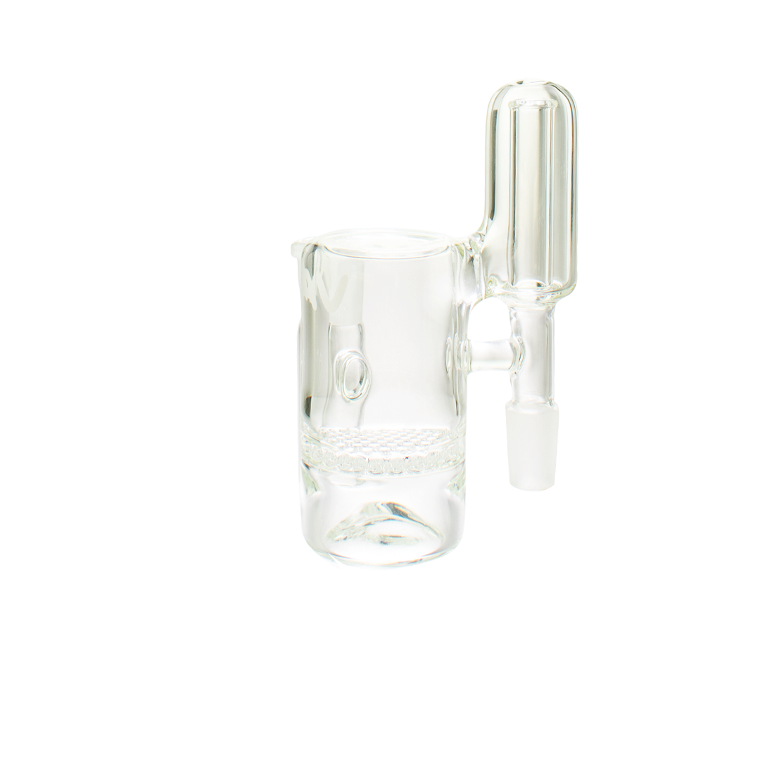 MAV Glass Honey Splashproof Ash Catcher with 90° Joint and Percolator, Front View on White Background