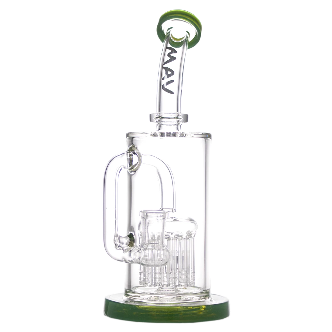 MAV Glass - 12 Arms Sycamore Tree Perc Bong in Green, Front View, 9" Tall with Beaker Base