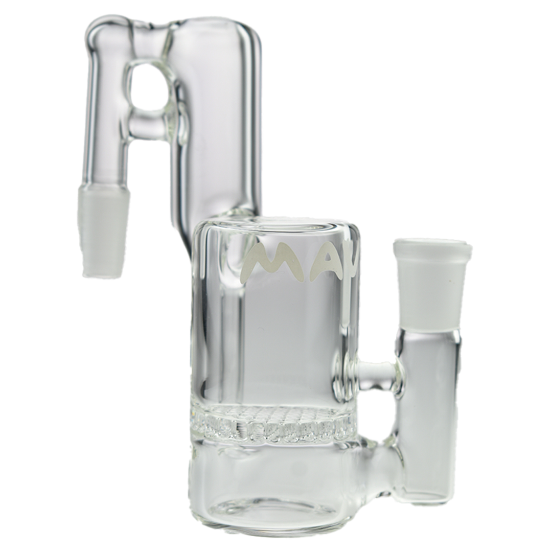 MAV Glass Honeycomb Recycling Ash Catcher 14mm 90 Degree, clear glass with MAV logo