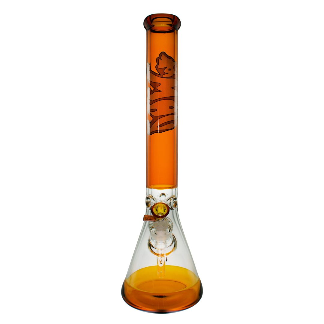 MAV Glass 18" Full Color Beaker Bong in Full Golden Bear variant, front view on white background