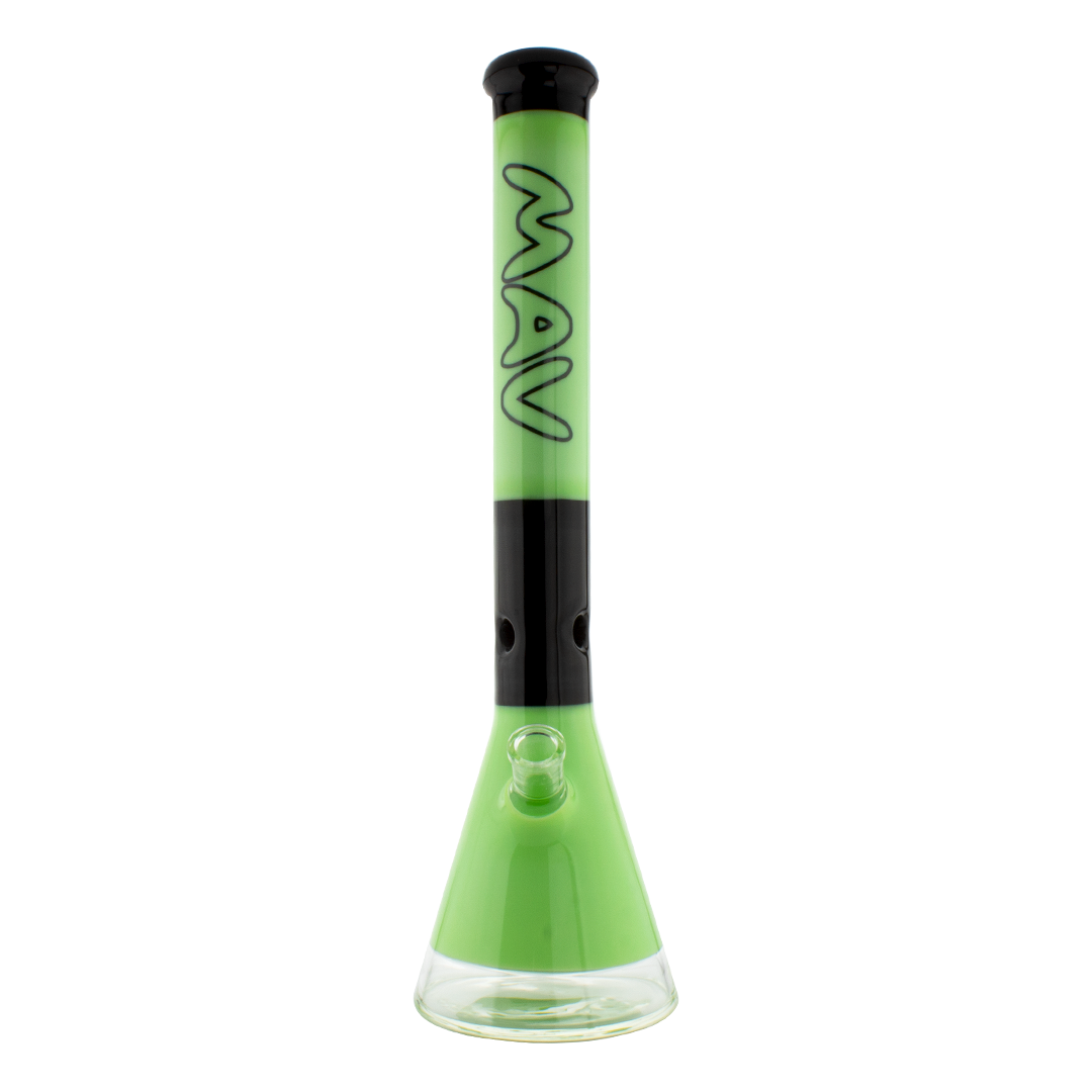 MAV Glass - 18" Two-tone Zebra Beaker Bong in Slime Green with Black Accents - Front View