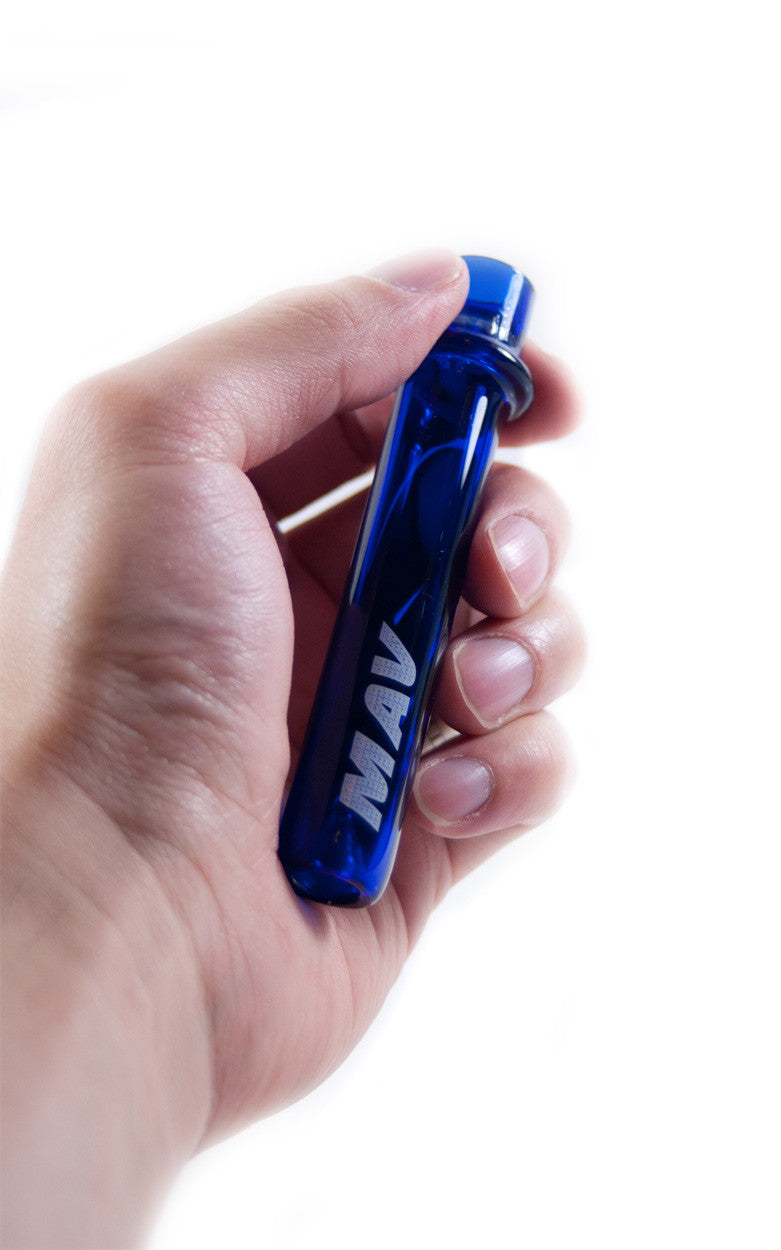 Hand holding MAV Glass - 4'' Blue Beaker Style One Hitter Pipe, Compact for Easy Travel