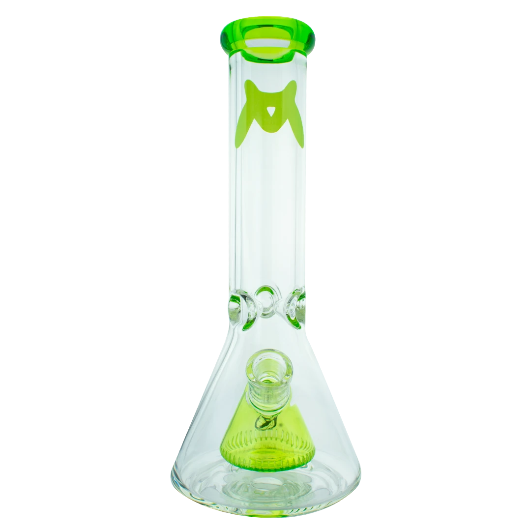 MAV Glass - 12" Pyramid Beaker Bong, 7mm Thick, Neon Green Accents, Front View