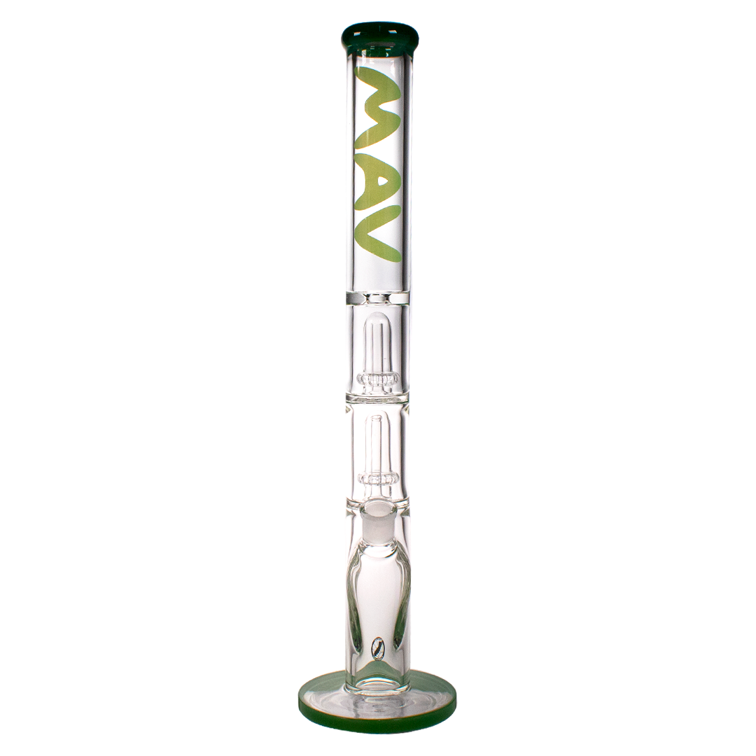 MAV Glass - 21" Straight Tube Bong with Double UFO Percs, Forest Green Accents, Front View