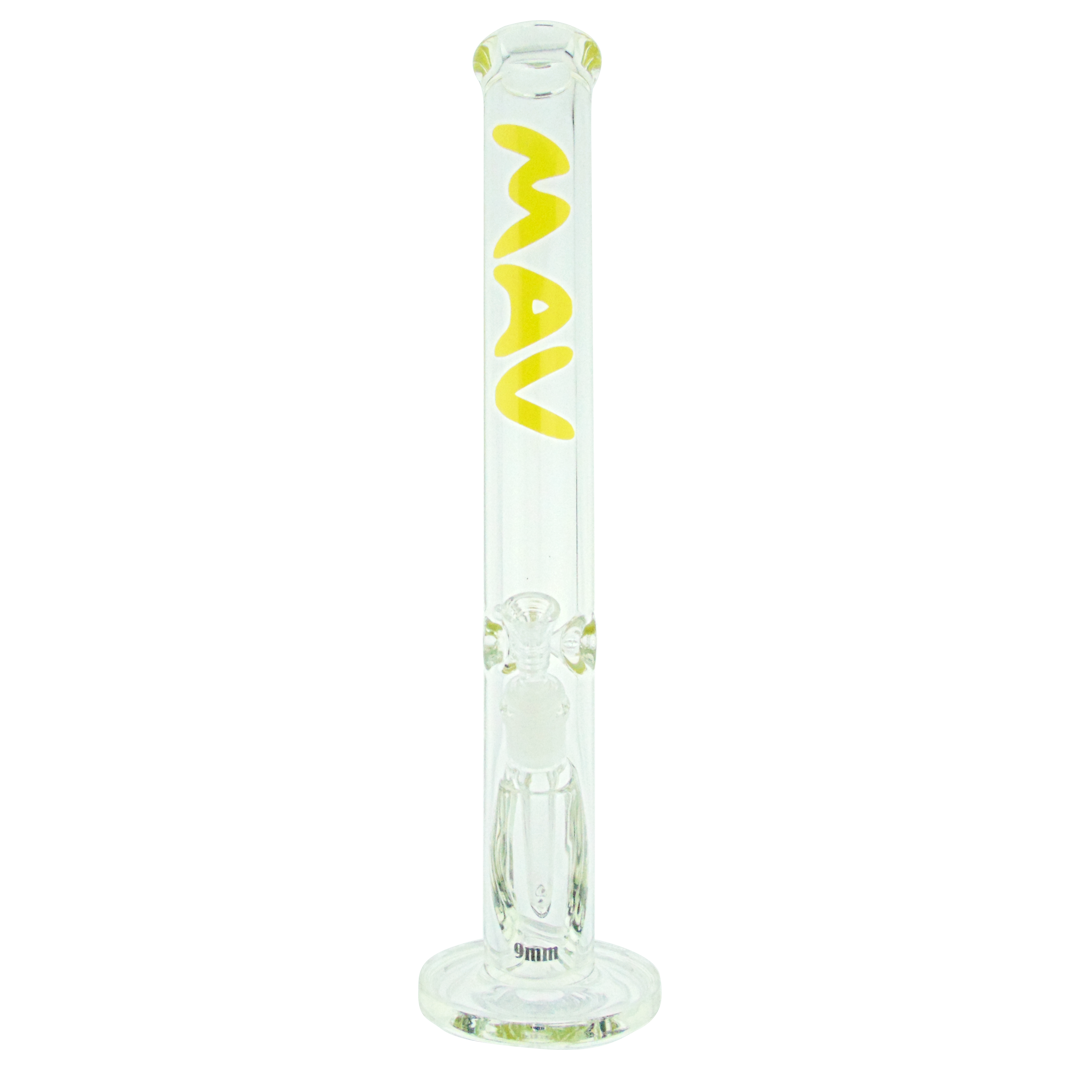 MAV Glass 18" Straight Tube Bong in Yellow, 9mm Thick Heavy Wall, Front View on White Background
