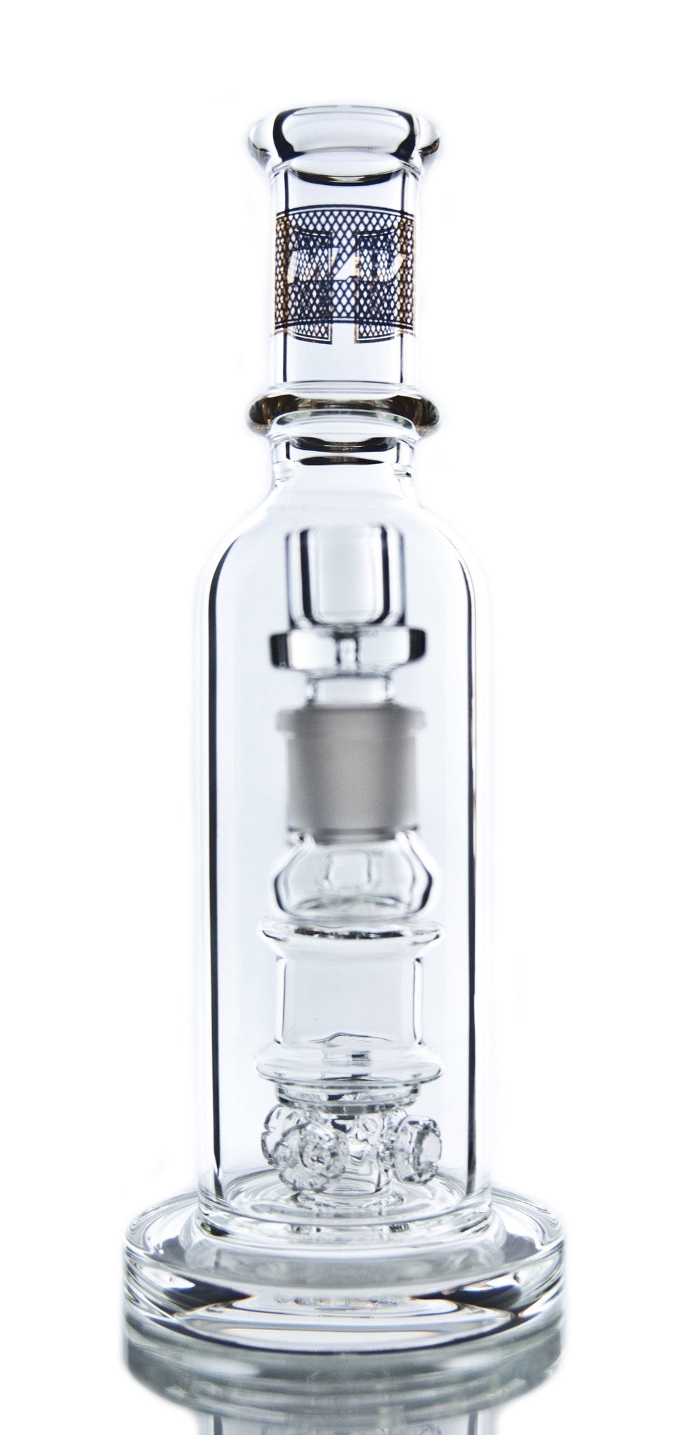 MAV Glass 10'' Clear Bong with Barrel to Quad Gear Perc, Front View on White Background