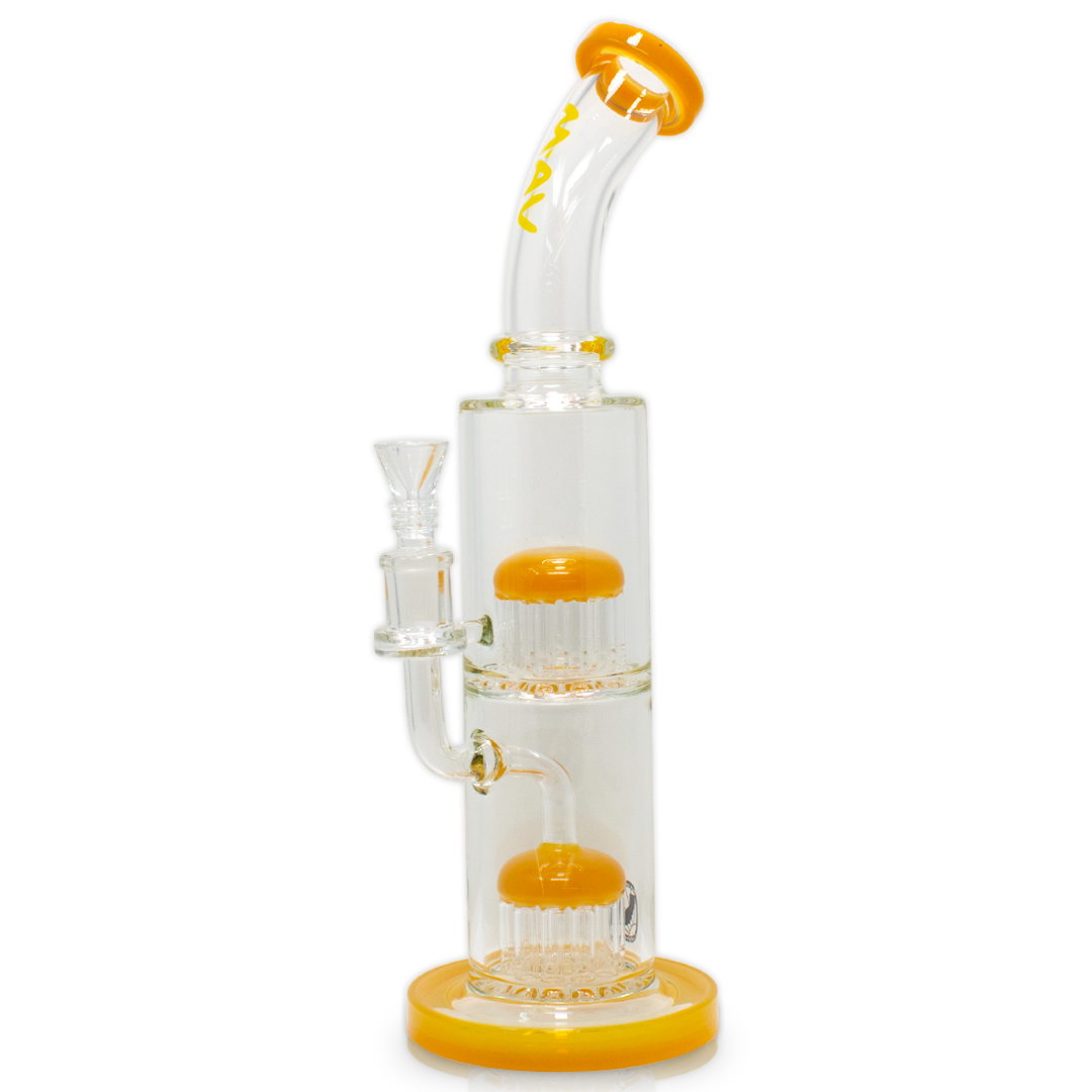 MAV Glass - Double Chamber Rig with Bent Neck in Orange, 14" Tall, 14.5mm Joint