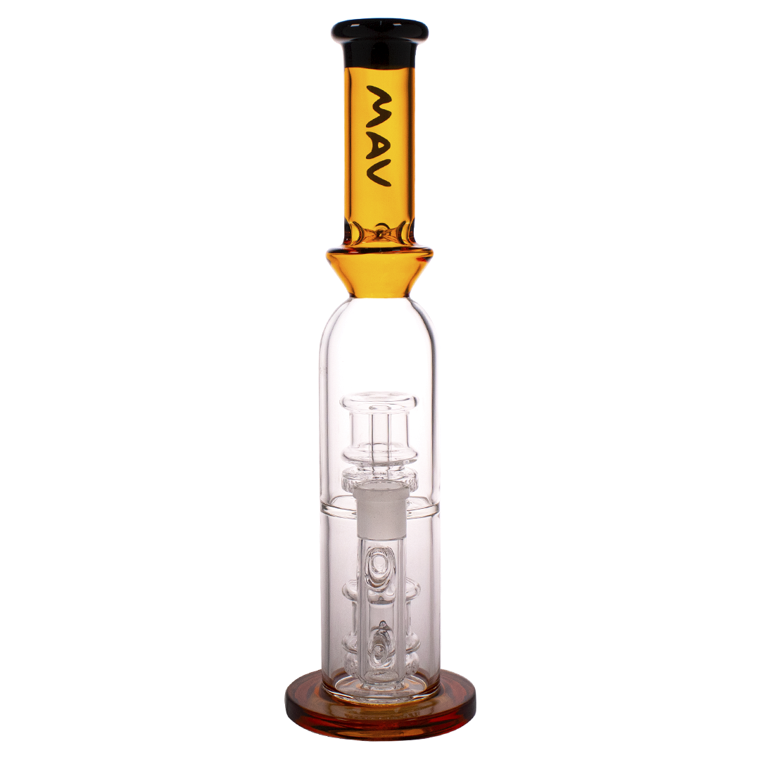 MAV Glass - Double Ufo Perc Bottle Bong in Gold, 12" Height, Front View on White Background