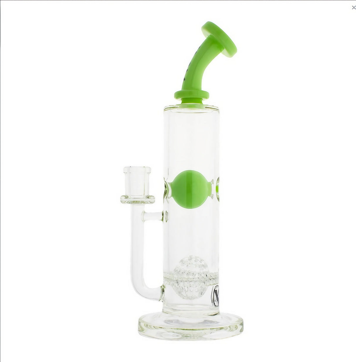 MAV Glass - Eureka Honeyball Disc Rig in Slime Variant, Front View with Clear Glass and Green Accents