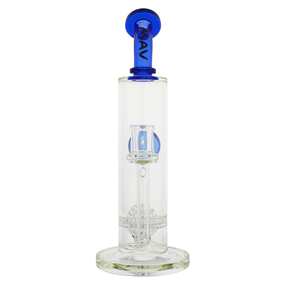 MAV Glass Eureka Honeyball Disc with Ball Rig in Blue, 11" Tall with 14mm Joint, Front View