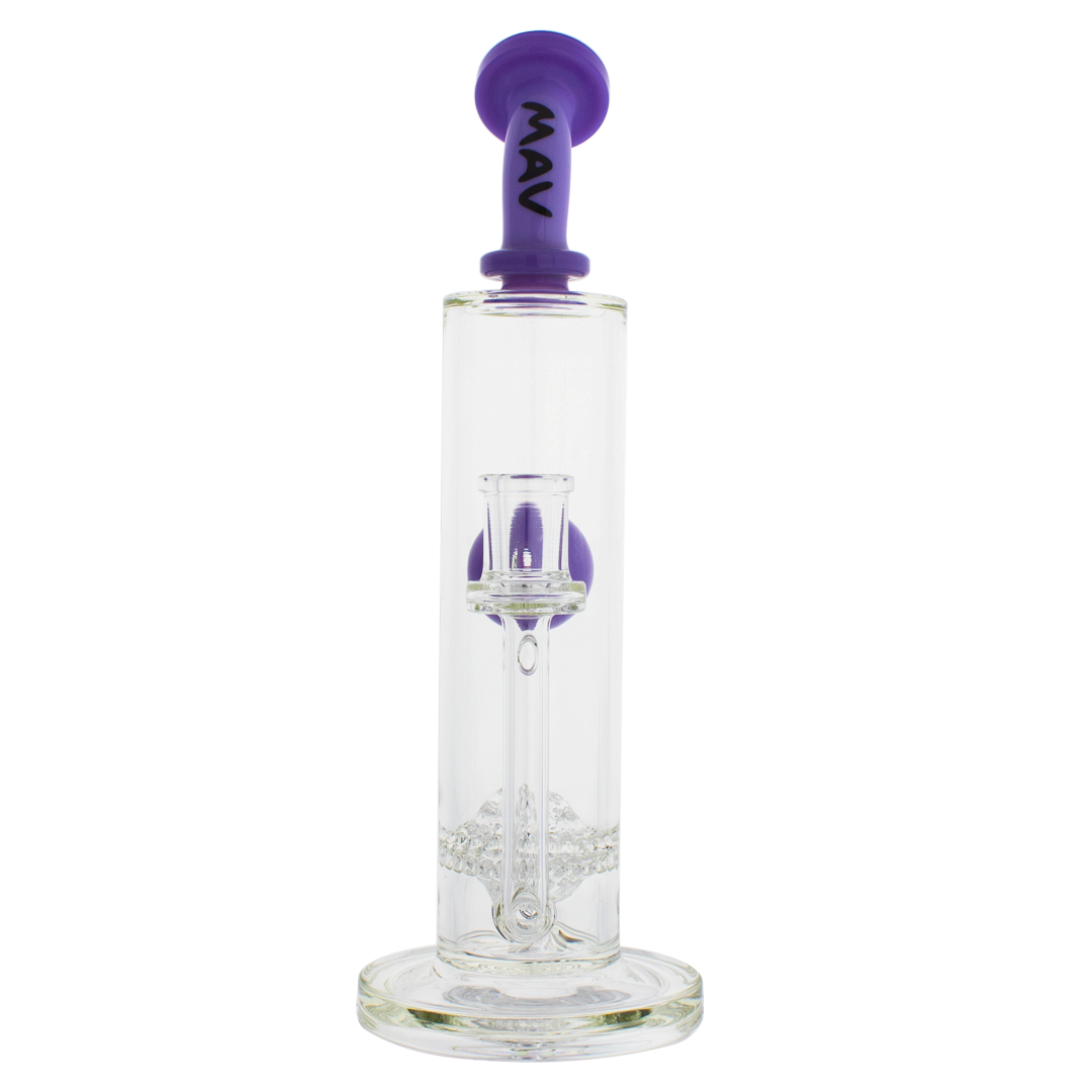 MAV Glass Eureka Honeyball Disc with Ball Rig in Purple, 11" Tall, 14mm Joint, Front View