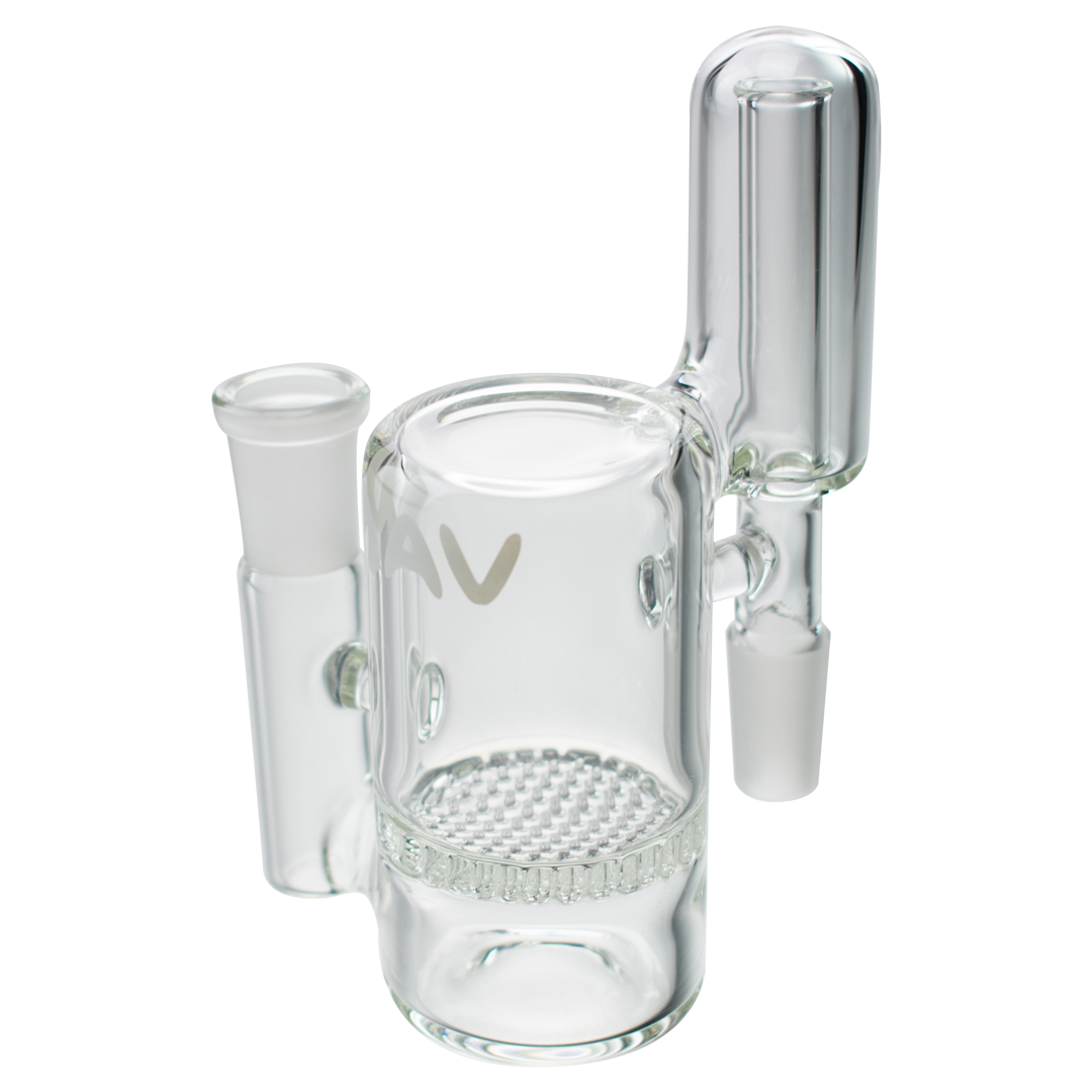 MAV Glass Honeycomb Ash Catcher, 14mm 90° angle, clear glass with MAV logo, front view on white background