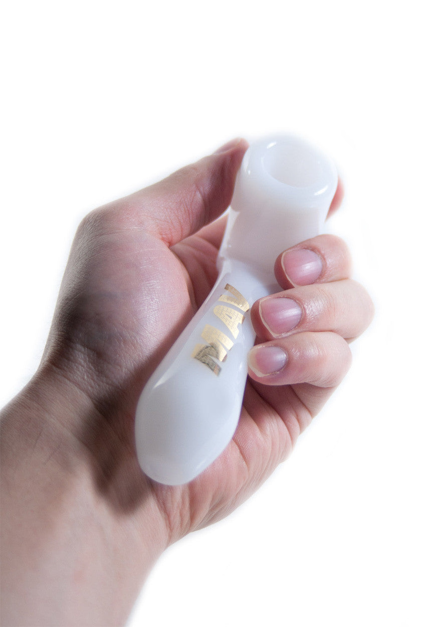 Hand holding white MAV Glass Large Sherlock Pipe, 6" borosilicate glass, beaker design