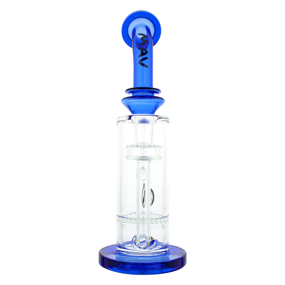 MAV Glass - Mini Bent Neck Bong with Blue Honeycomb Perc, Front View on White Background