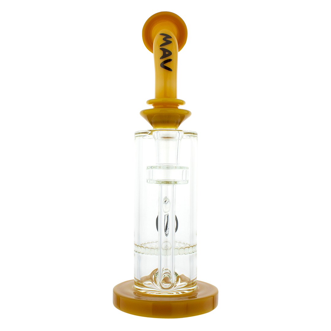 MAV Glass - Mini Bent Neck Honey Perc Bong in Orange, 9" Height, Honeycomb Percolator, Front View