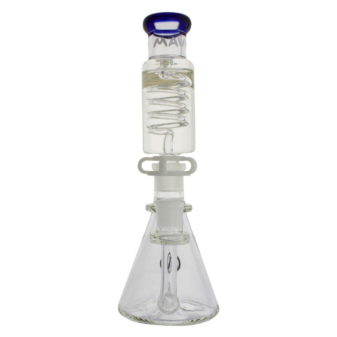 MAV Glass - Mini Inline Freezable Coil Bong in Blue, Front View, 10" Beaker Design with Percolator