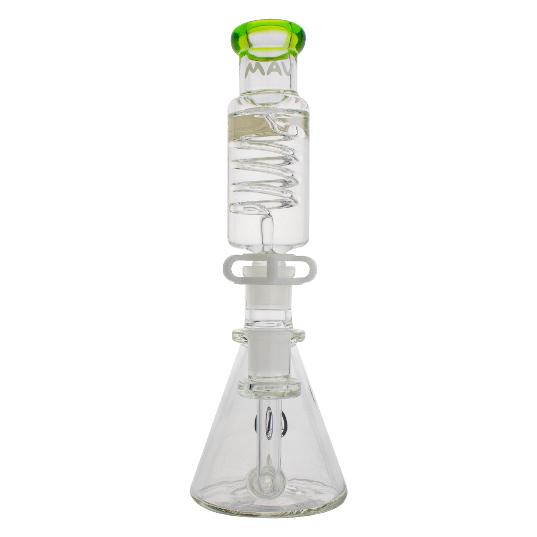 MAV Glass - Mini Inline Freezable Coil System Bong, 10" height, with Beaker Design and In-Line Percolator, front view on white background