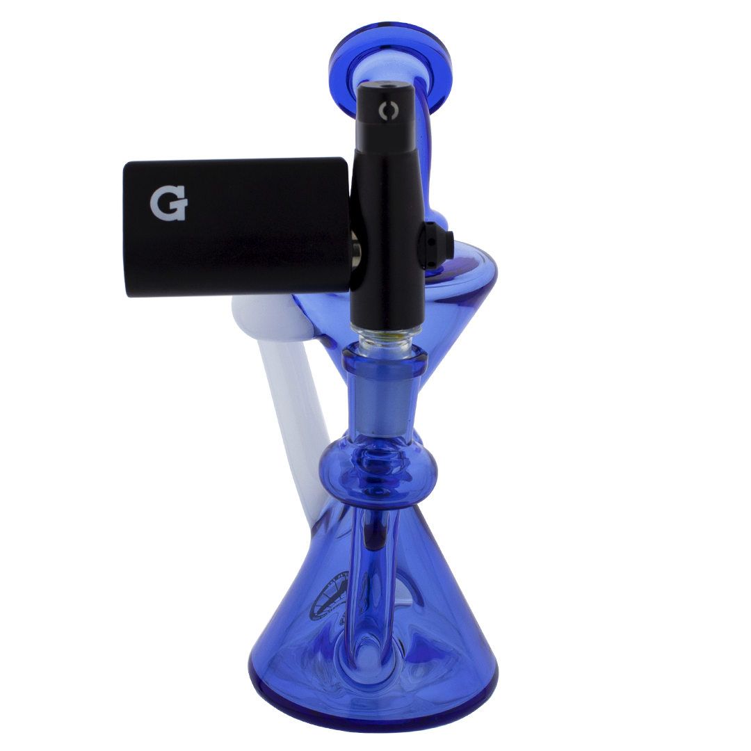 MAV Glass Maverick Blue Mini Zuma Dab Rig with Gpen, Vortex Percolator, Side View