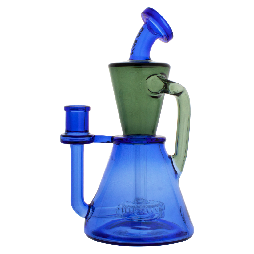 MAV Glass Santa Monica Slitted Puck Perc Dab Rig in Blue Smoke, Front View with Cyclone Percolator