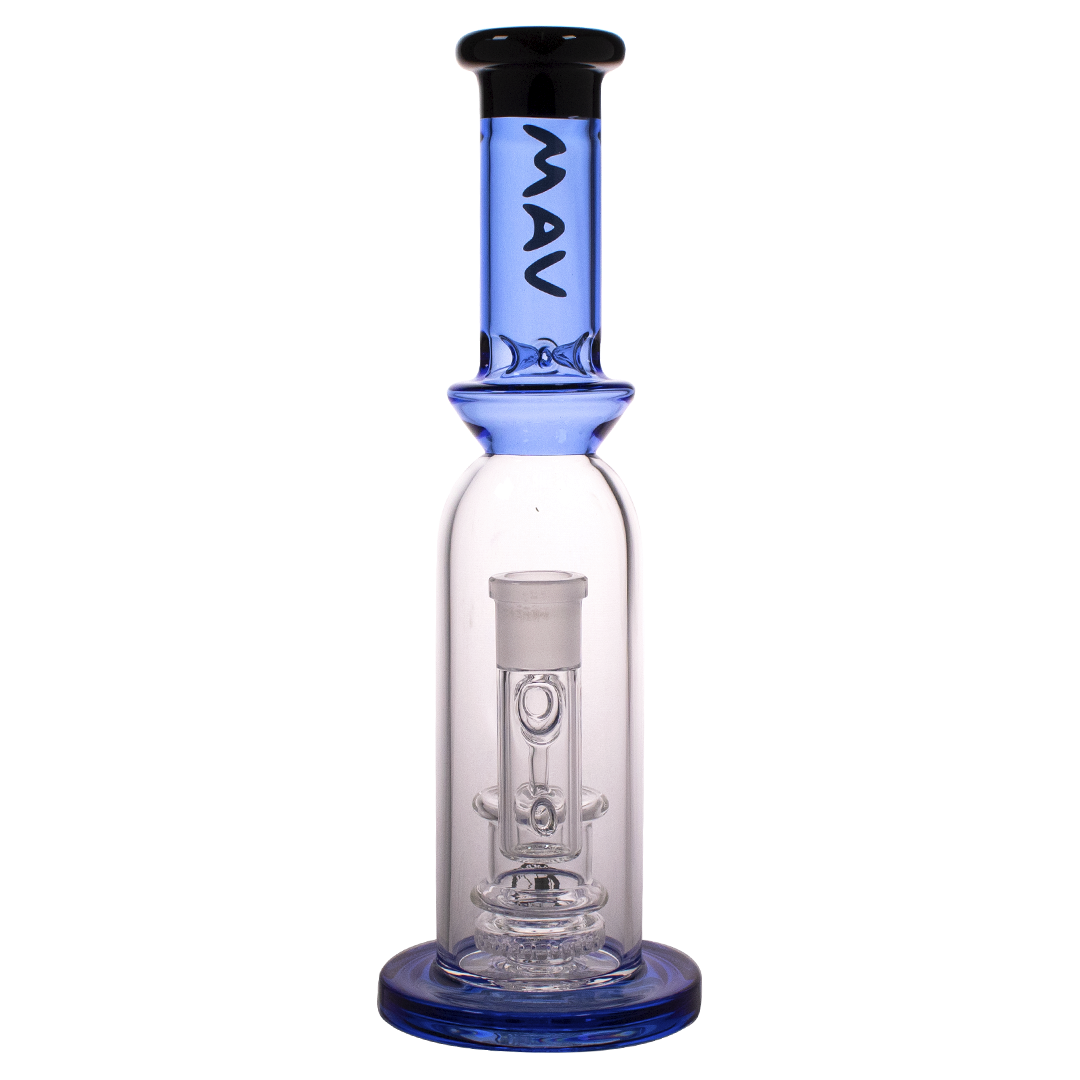 MAV Glass - 12" Single UFO Perc Bottle Bong in Blue with Clear Chamber - Front View