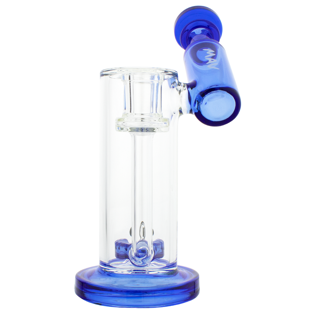 MAV Glass Maverick Slitted Puck Sidecar Rig in Blue with Showerhead Percolator, 7" Height, Side View