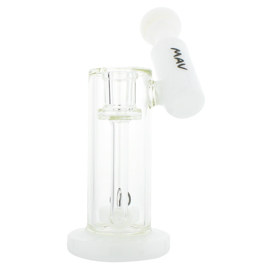 MAV Glass Maverick White Slitted Puck Sidecar Rig with Showerhead Percolator, 7" Tall, Side View