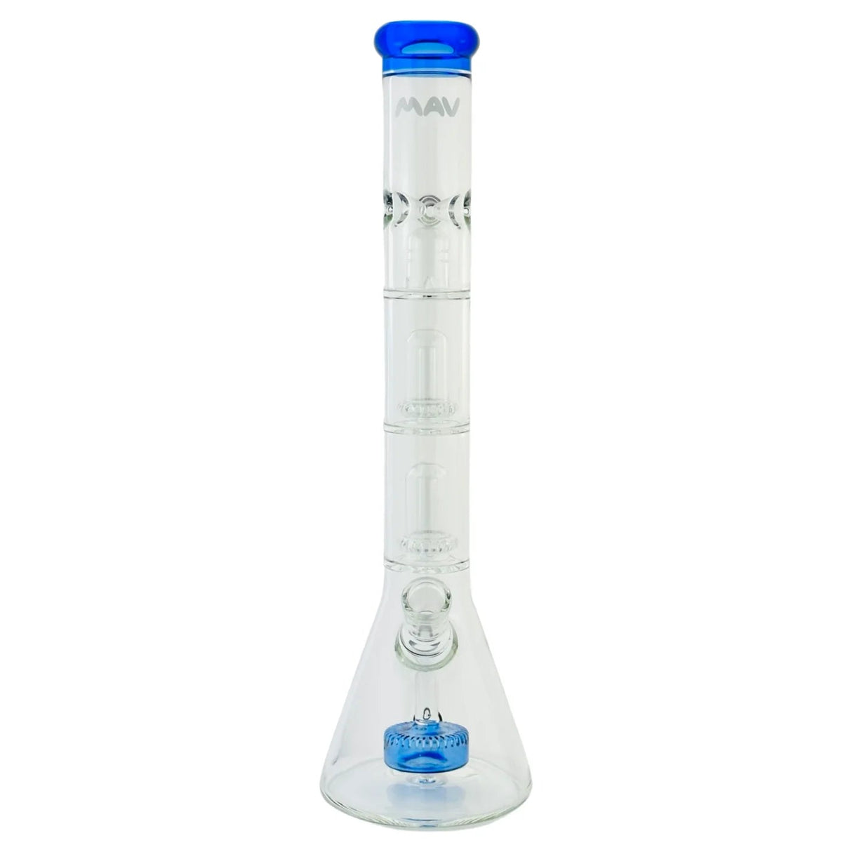 MAV Glass Beaker with Blue Accents and Slitted Puck to UFO Percs, Front View