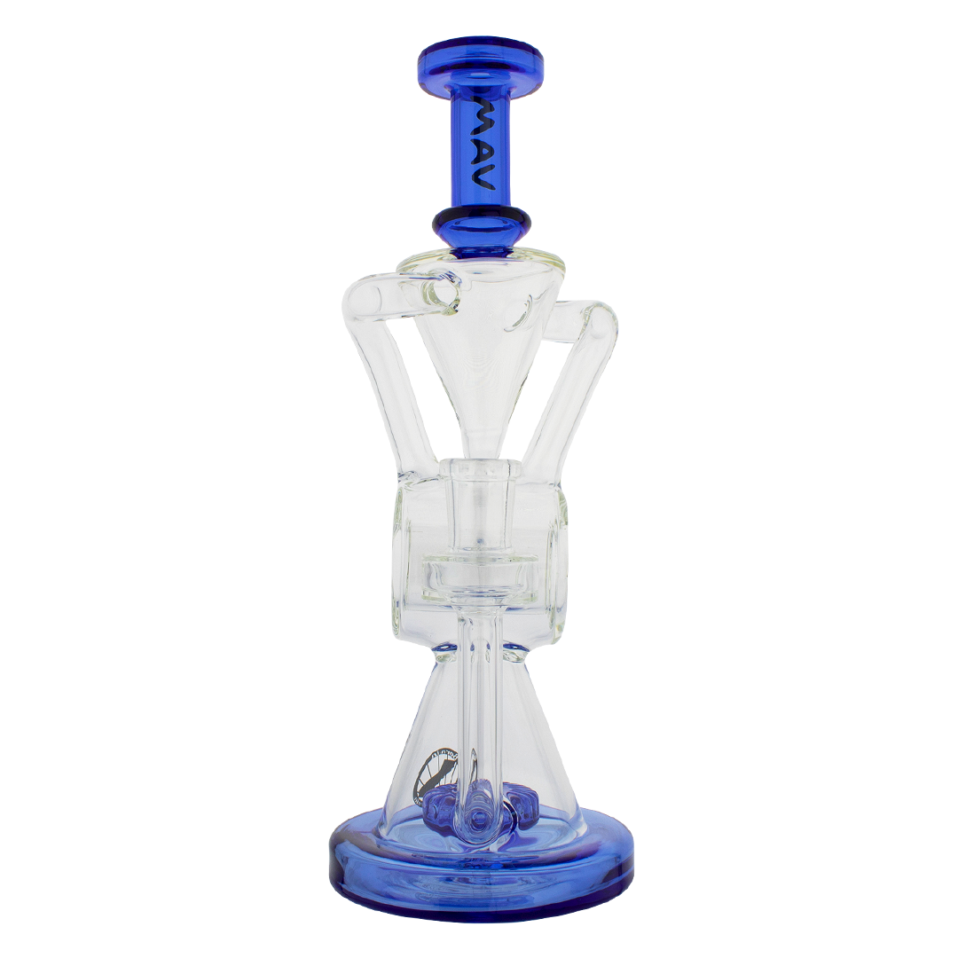 MAV Glass - The Ojai Barrel Slitted Puck Recycler in Blue, Front View, 11" Tall with Vortex Percolator