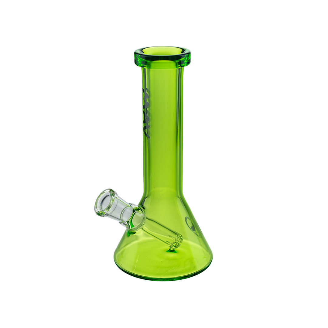 MAV Glass Mini Slim Neck Colored Beaker in vibrant green, 8" tall, front view on white background