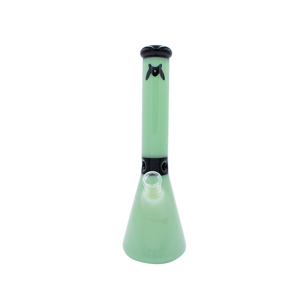 MAV Glass Mini Zebra Beaker in Seafoam, front view, with a 14mm banger hanger joint