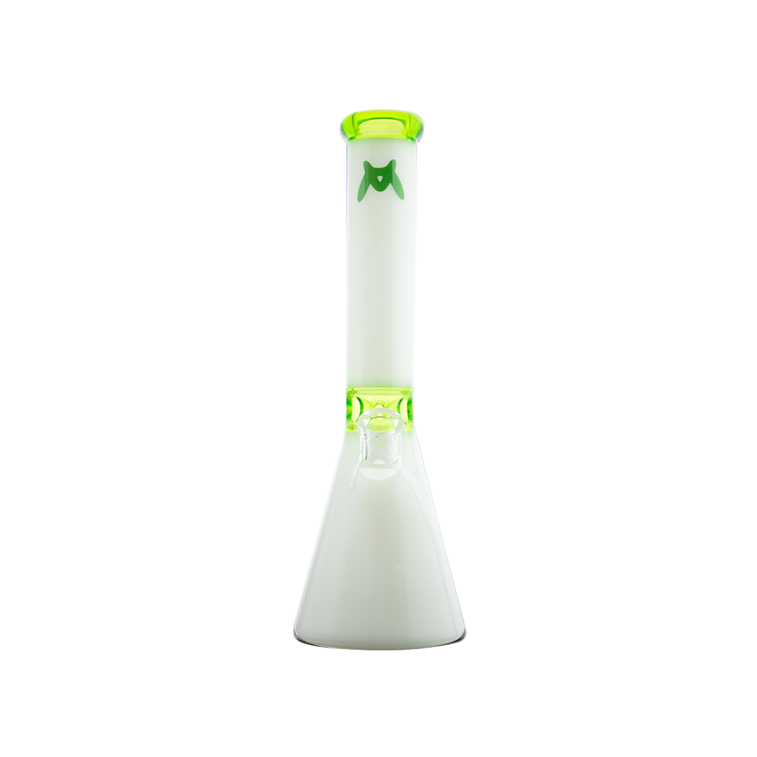 MAV Glass Mini Zebra Beaker in Ooze and White, 13.5" Tall, 14mm Joint - Front View