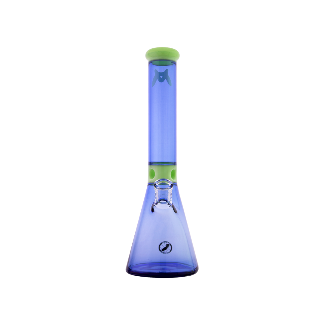 MAV Glass Mini Zebra Beaker in Slime and Ink Blue, front view, with 14mm joint and zebra stripe accents