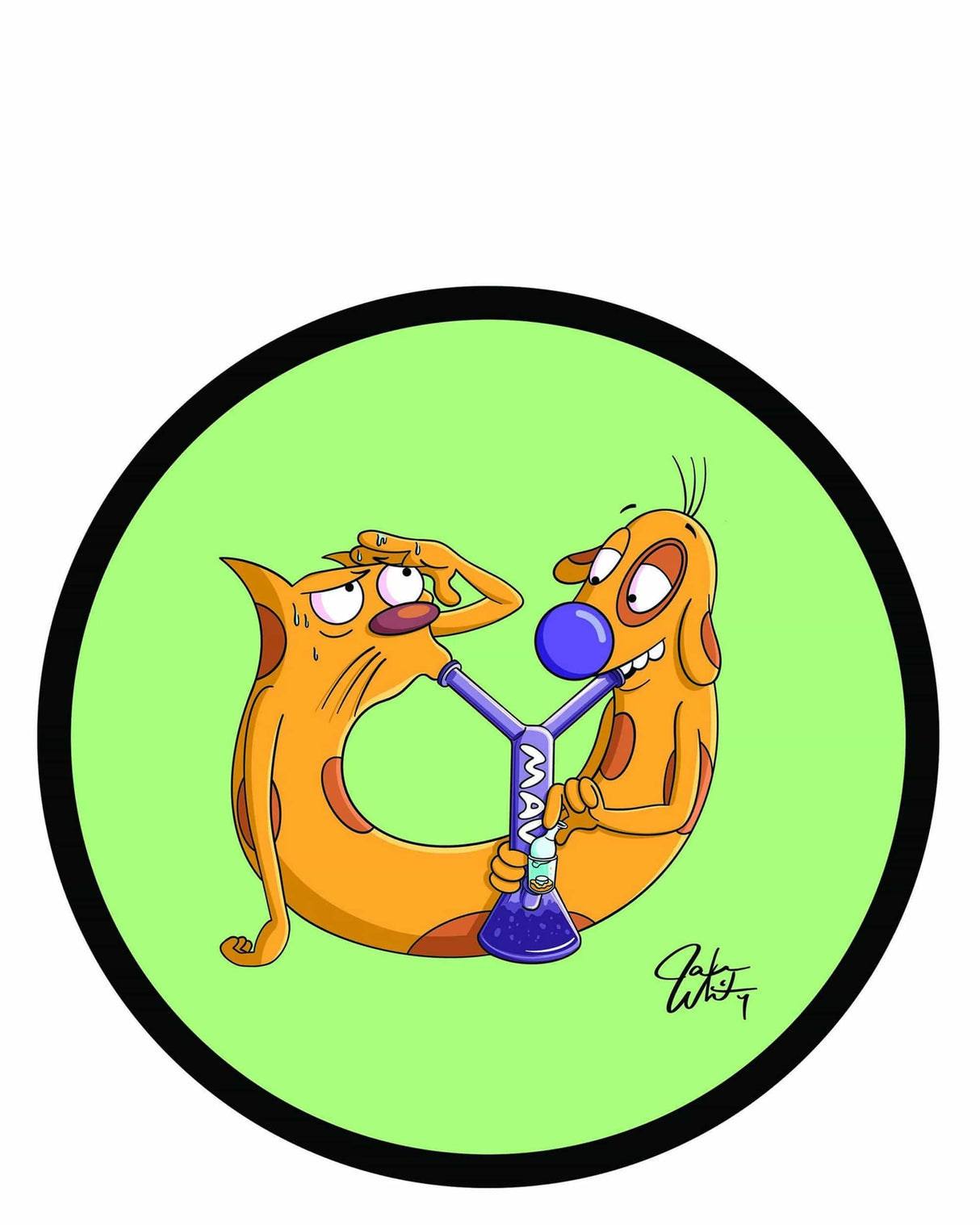 MAV Glass Moodmat featuring PopByJake CatDog design on a vibrant green background, ideal for dab rig setup