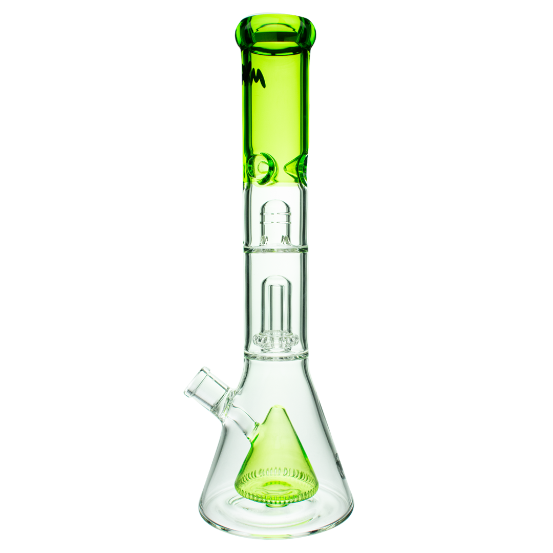 MAV Glass Pyramid To Single UFO Beaker Bong in green, 15" height, 18-19mm joint size, front view
