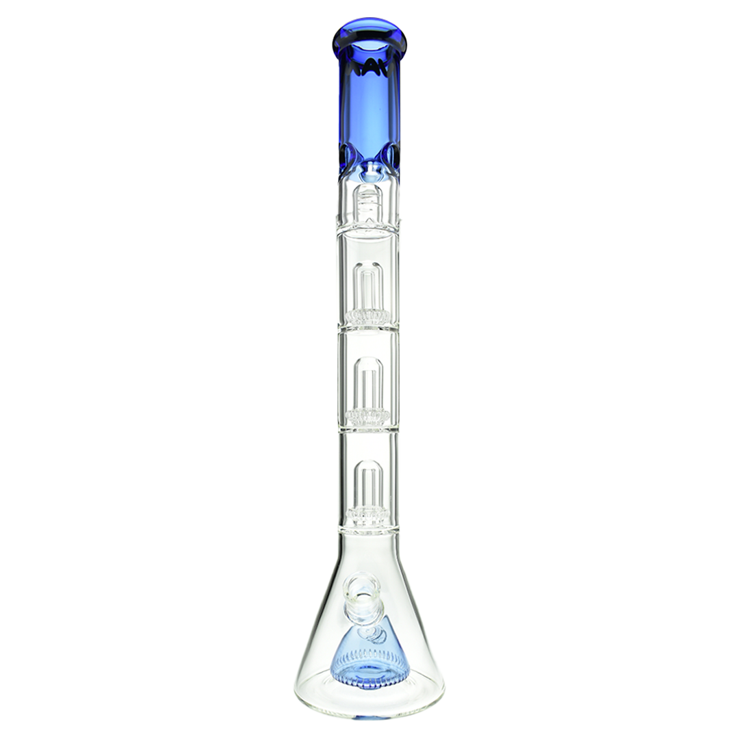 MAV Glass Pyramid To Triple Ufo Beaker in Ink Blue, 21" tall with 18-19mm joint size, front view