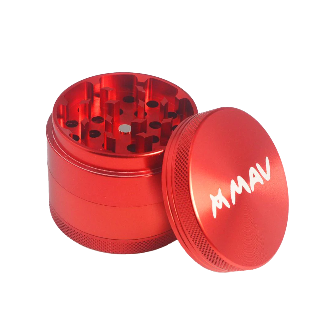 MAV Glass Red 4-Piece Aluminum Grinder for Concentrates, 2" Diameter - Top View