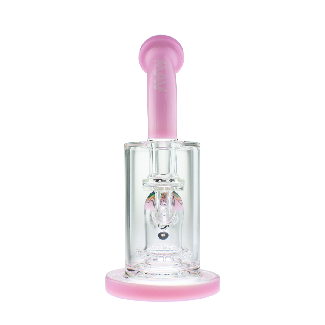 MAV Glass Reversal Wig Wag Ufo Bent Neck Dab Rig Front View with Pink Accents