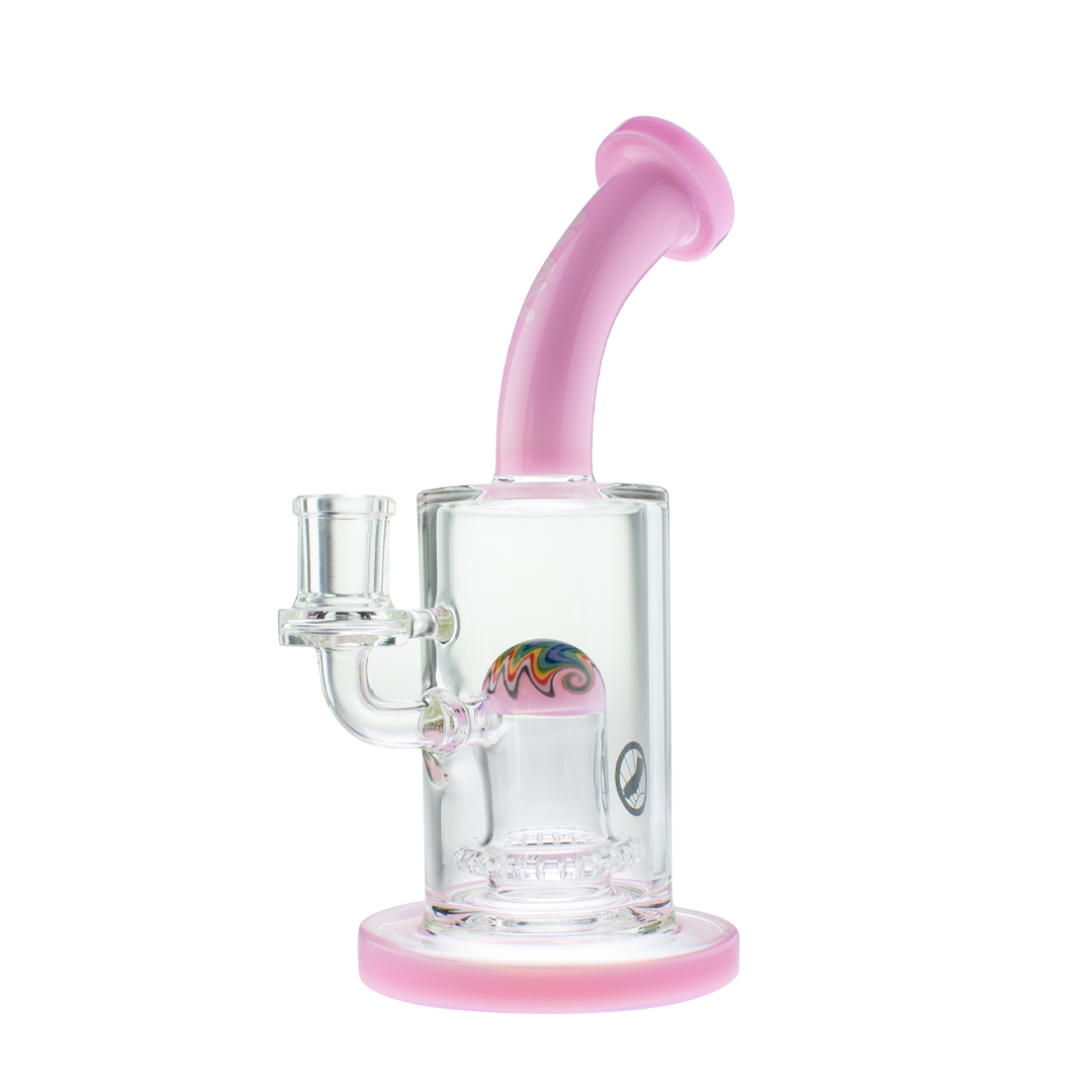 MAV Glass Reversal Wig Wag UFO Bent Neck Dab Rig in Pink, Front View, 10" Tall, 14mm Joint