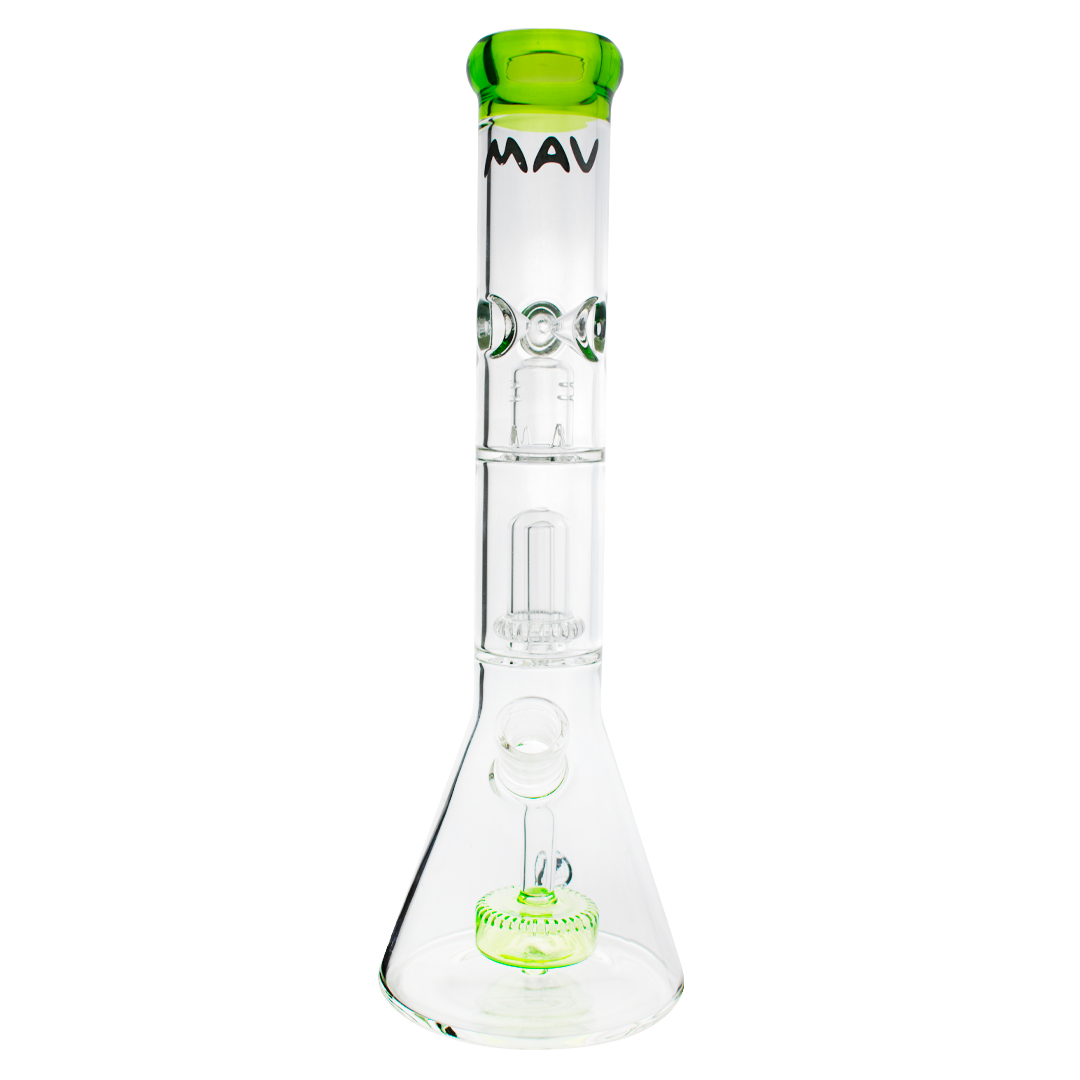 MAV Glass 15" Beaker Bong with Single Slitted Puck to UFO Percolator and Green Accents