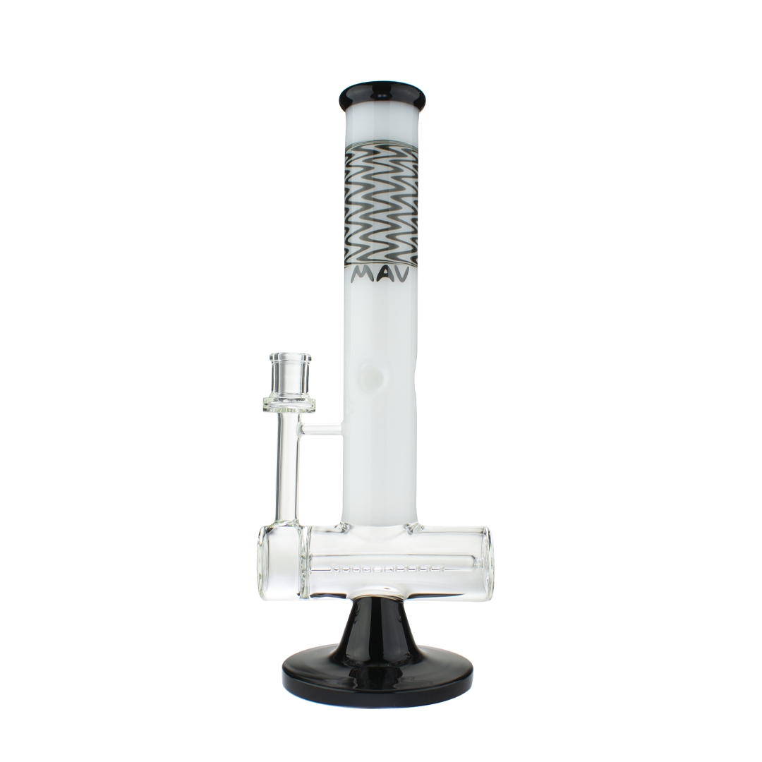 MAV Glass Slitted Inline Reversal Wig Wag Top Bong in Black and White, Front View, 14" Tall