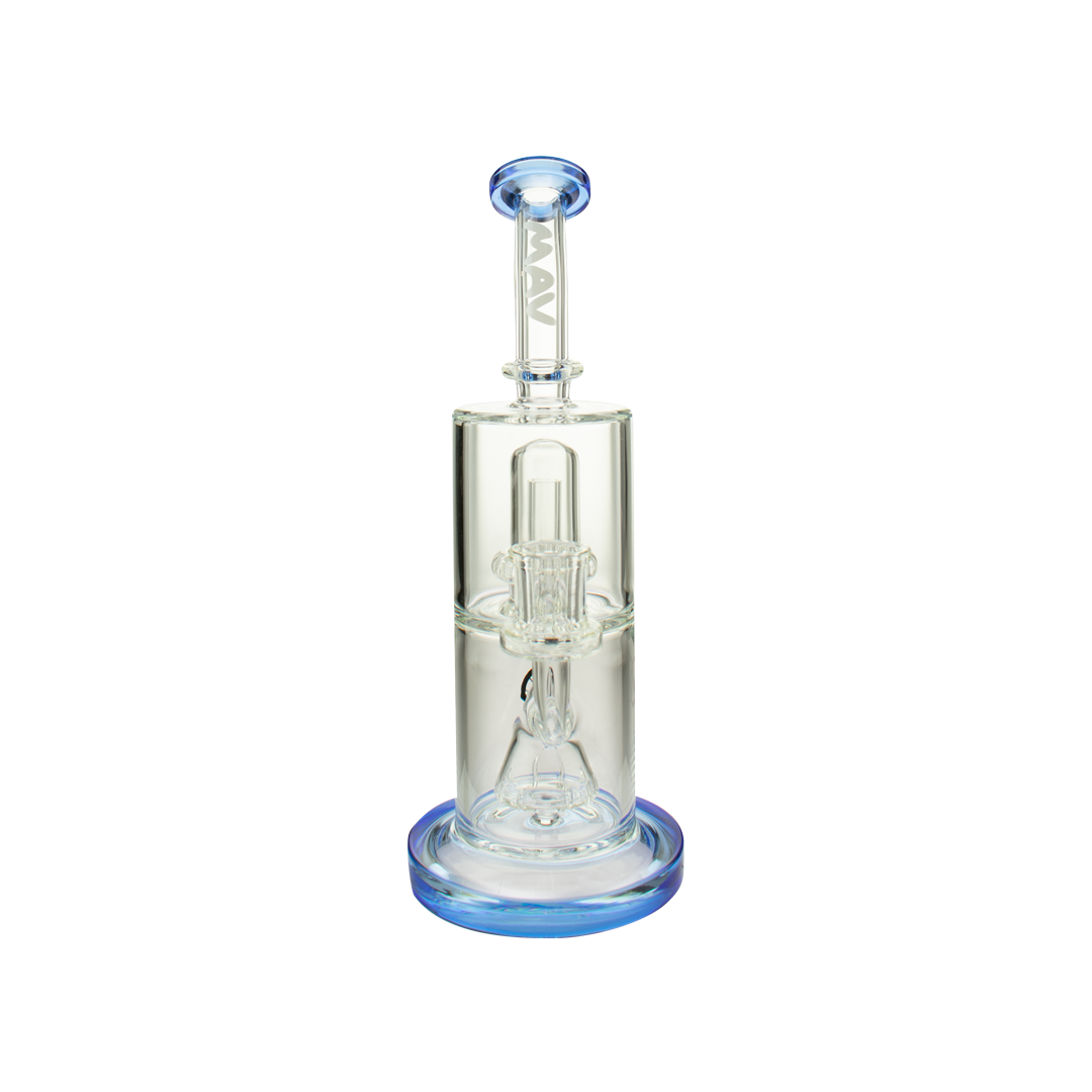 MAV Glass Slitted Pyramid to UFO Bent Neck Bong in Blue, 9" Tall, Front View on White Background