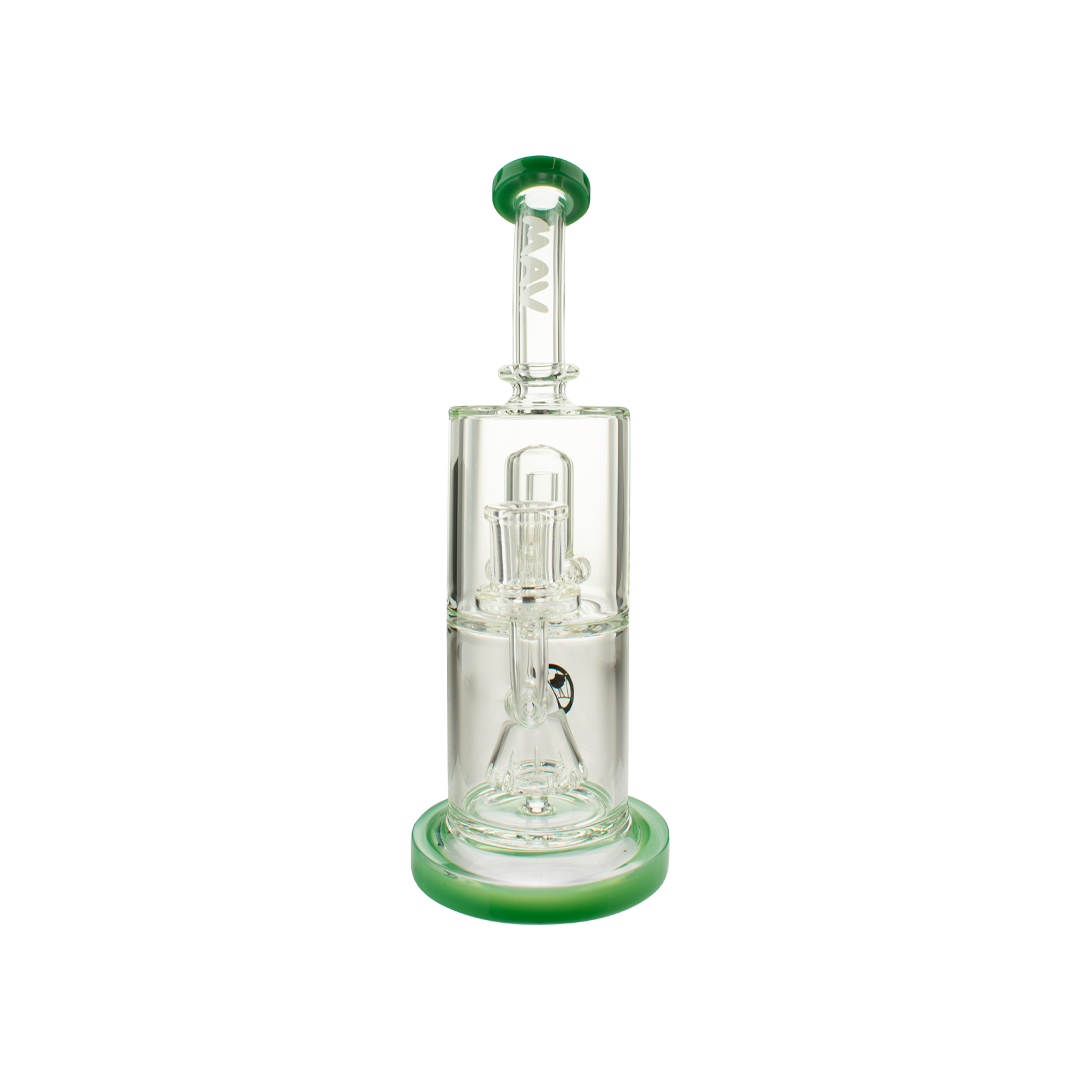 MAV Glass Slitted Pyramid to UFO Bent Neck Bong in Forest Green, Front View on White Background