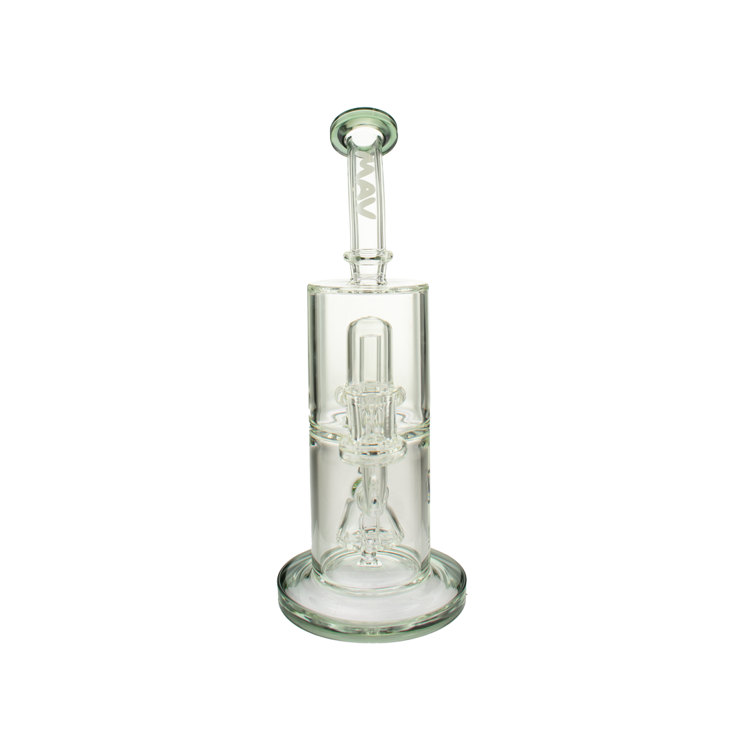 MAV Glass Slitted Pyramid To UFO Bent Neck Bong in Smokey Black, Front View on White Background
